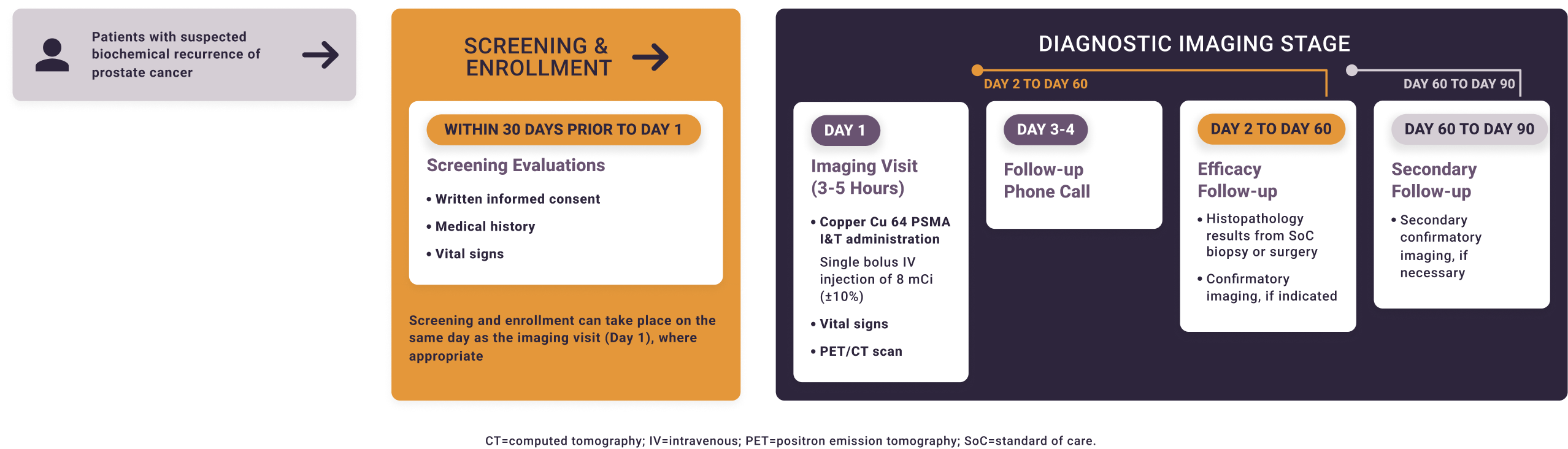 Solar-Recur study overview including screening and enrollment and the diagnostic imaging stage showing what to expect from day 1 to day 90.